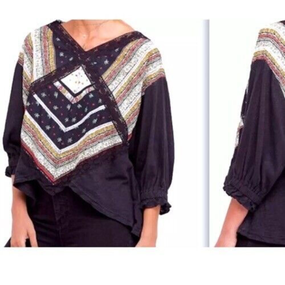 Free People Prairie Days Printed Lace-Trim embroidered peasant boho Top XS
